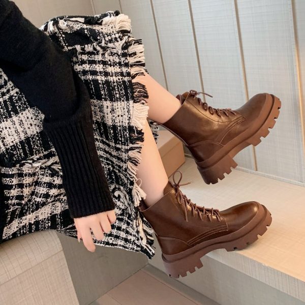 Vanessa's Women Ankle Boots Winter Fashion Cross-Tied Genuine Leather Thick Heels Boots