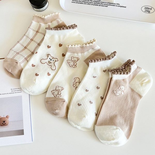 Vanessa's Lace Love Cartoon Bear Boat Socks Thin Polyester Cotton Socks 5 Pairs