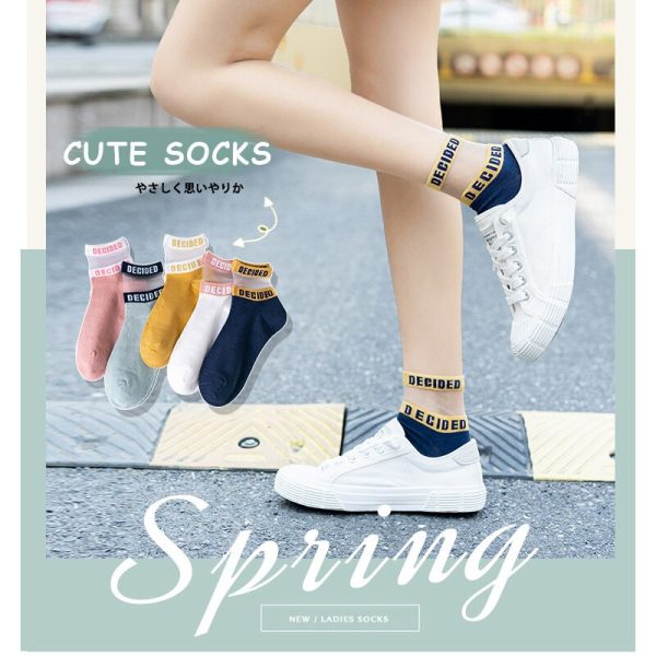 5 Pair Women's Colorful Cotton Ankle Socks Solid Cute Letter Splice Socks