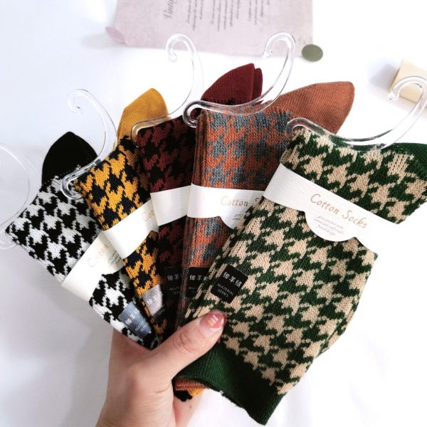 Vanessa's Houndstooth Cotton High Tube Socks for Women 5 Pairs- Winter Collection