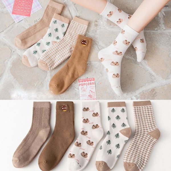 Cute Cartoon Bear Terry Socks for Women, Thick Warm Brown Tube Socks