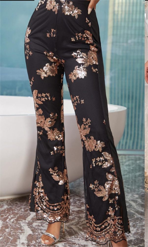 Socialite Sequin Embroidered Slim Fit Slit Flared Pants Women