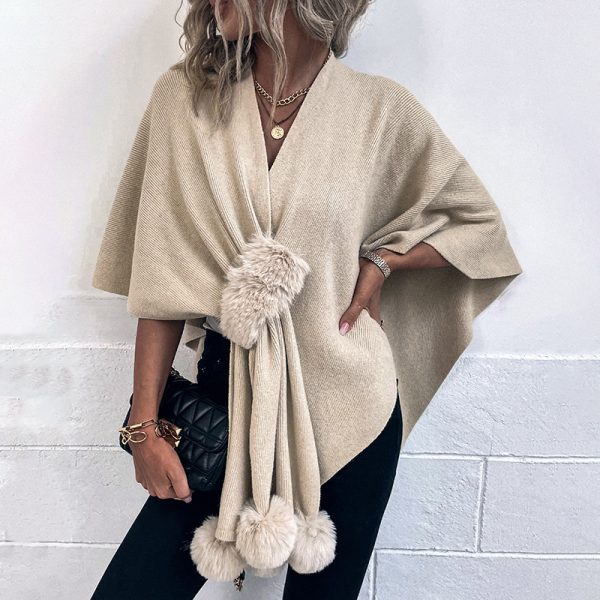 Solid Color Fur Ball Cape Sweater for Women