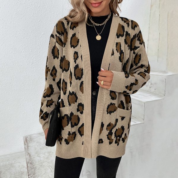 Stylish Leopard Print Contrast Color Cardigan Coat