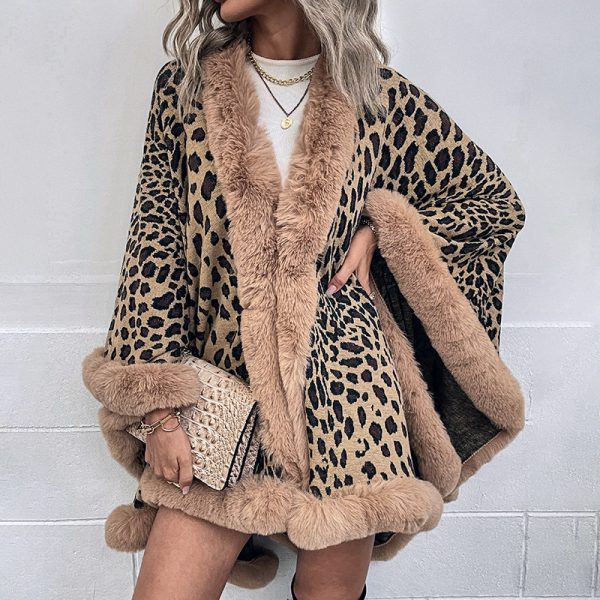 Autumn Winter Fur Collar Cape Cardigan Leopard Print Shawl Sweater for Women