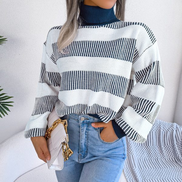 Striped Lantern Sleeve High Collar Sweater