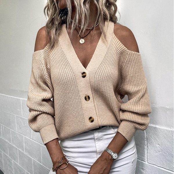 Buttoned Autumn Winter Sexy Off-Shoulder Sweater