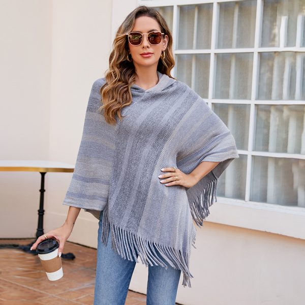 Knitted Tassel Shawl Cape Women Autumn Winter Striped Hooded Women Scarf