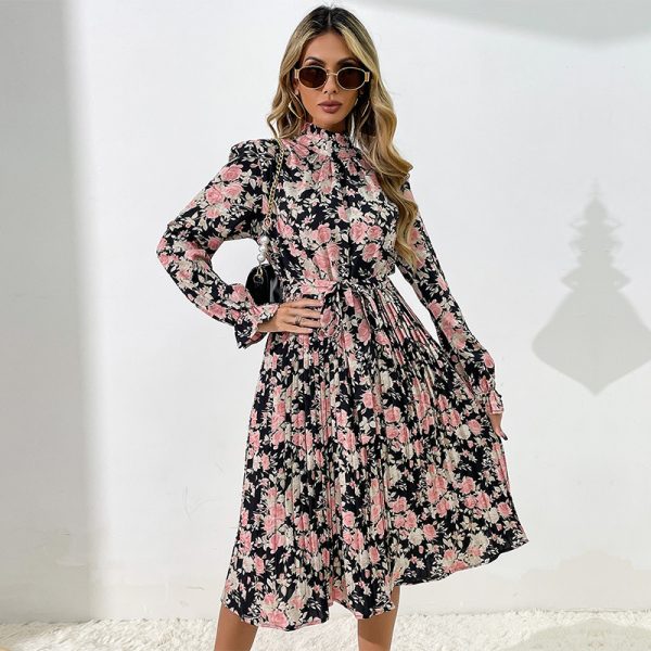 Women Wear Printed Long Sleeve Half Turtleneck Dress