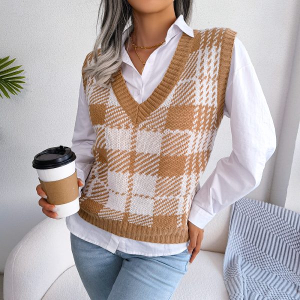 Autumn Winter Casual Color Contrast Check Knitted Vest Sweater Vest Women Clothing