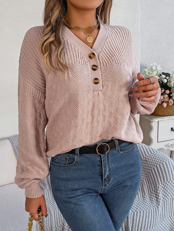 Loose V-Neck Buttons Pullover - Autumn Winter Women's Fashion