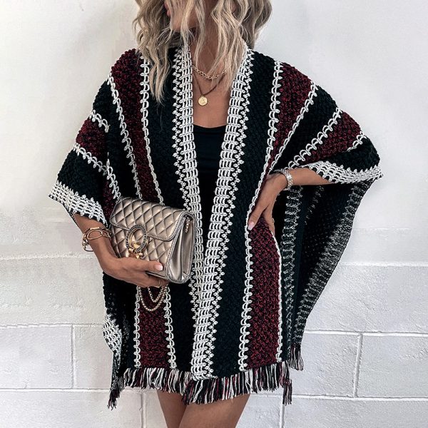 Contrast Color Plaid Ladies Tassel Cape Scarf