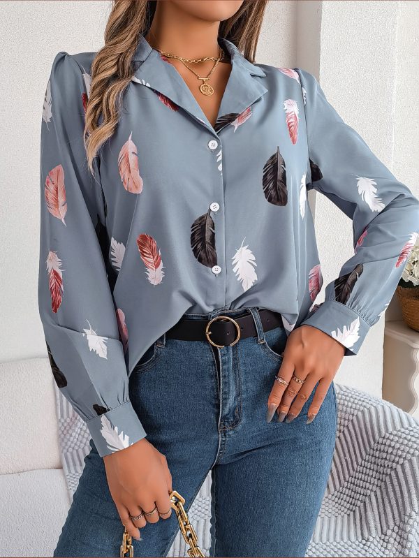 Feather Printed Suit Collar Long Sleeve Shirt