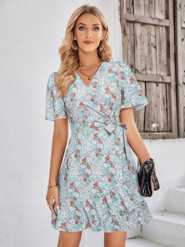 Summer Women's V-Neck Printed Short Sleeve Dress