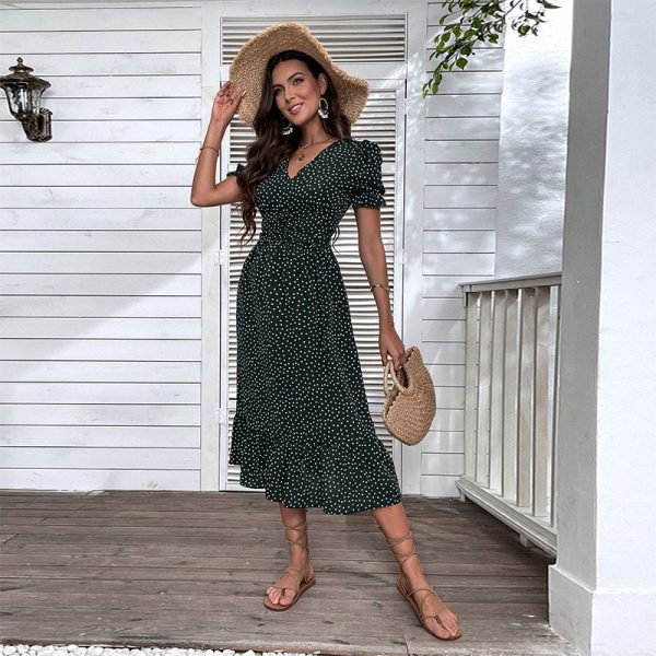 Summer Women Polka Dot V Neck Midi Dress