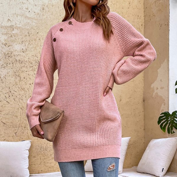 Elegant Solid Color Knitted Dress with Lantern Sleeve