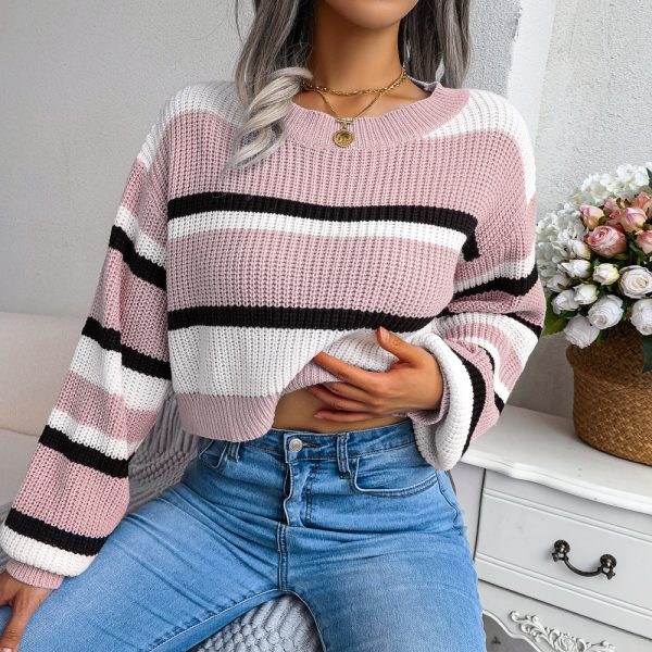 Casual Striped Long Sleeve Cropped Knitted Sweater