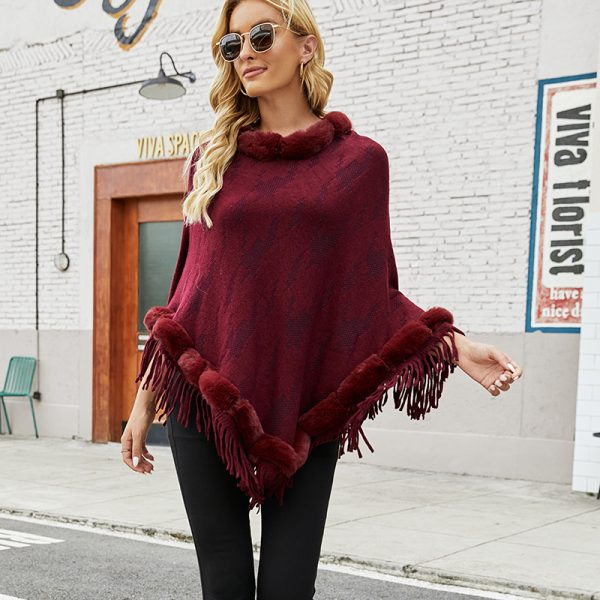 Chic Fur Collar Tassel Shawl Cape Sweater