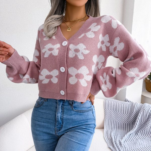 Contrast Floral Lantern Sleeve Cardigan