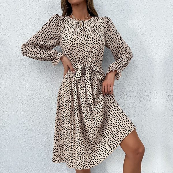 Women Long Sleeve Autumn Lace up Printed Base Dress