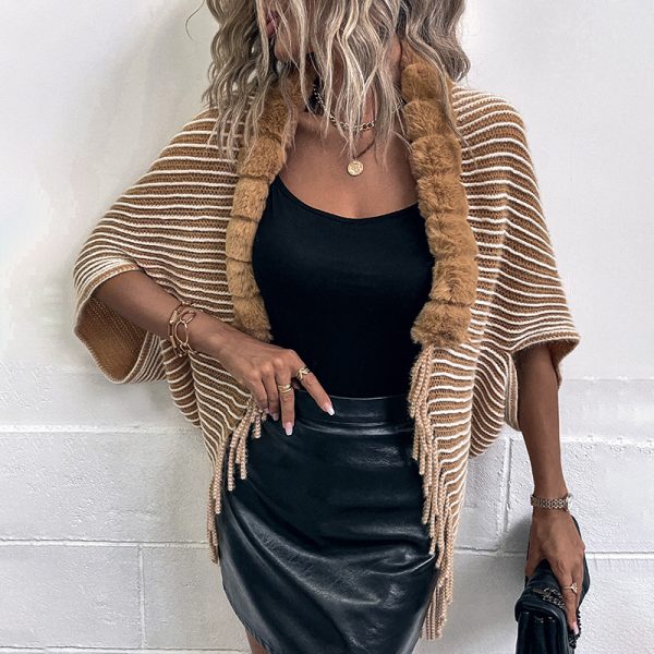 Fur Collar Striped Cape Tassel Shawl Women Sweater