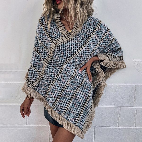 Striped Ethnic Tassel Pullover Cloak Shawl for Women