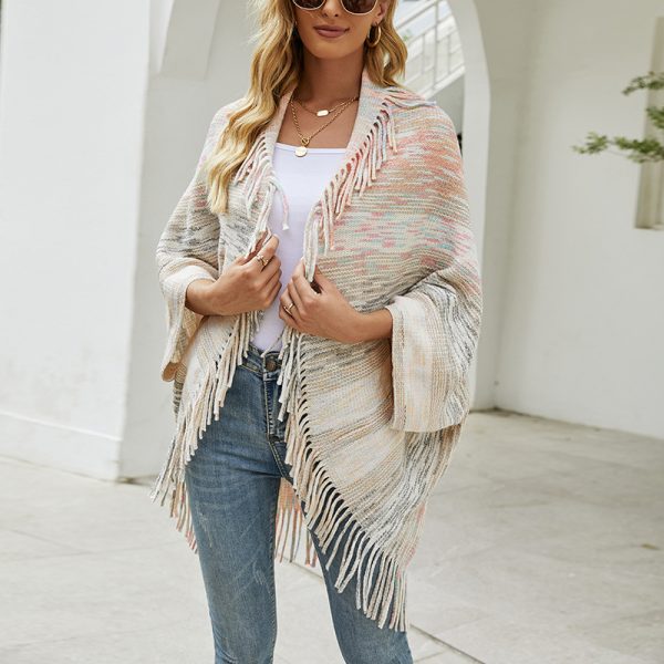 Chic Tassel Hem Color Shawl Cape Sweater