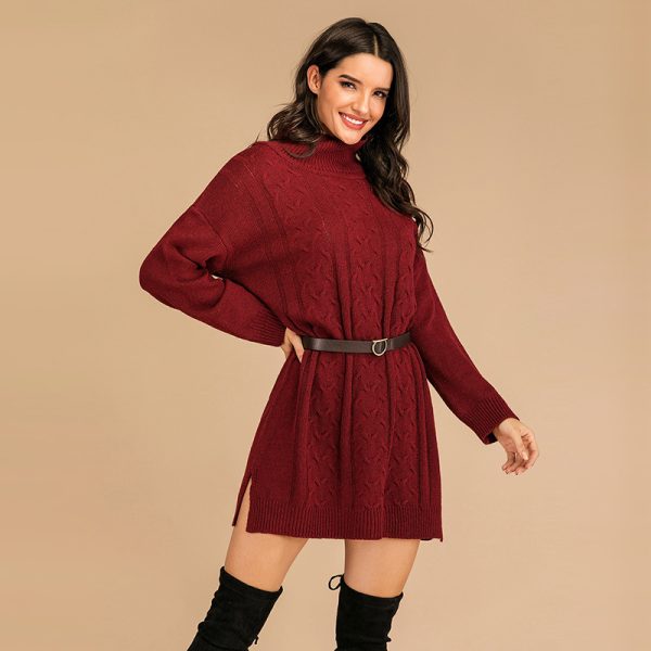 Autumn Knitted Solid Color Twist Long Sleeve Pullover High Collar Woolen Dress Women