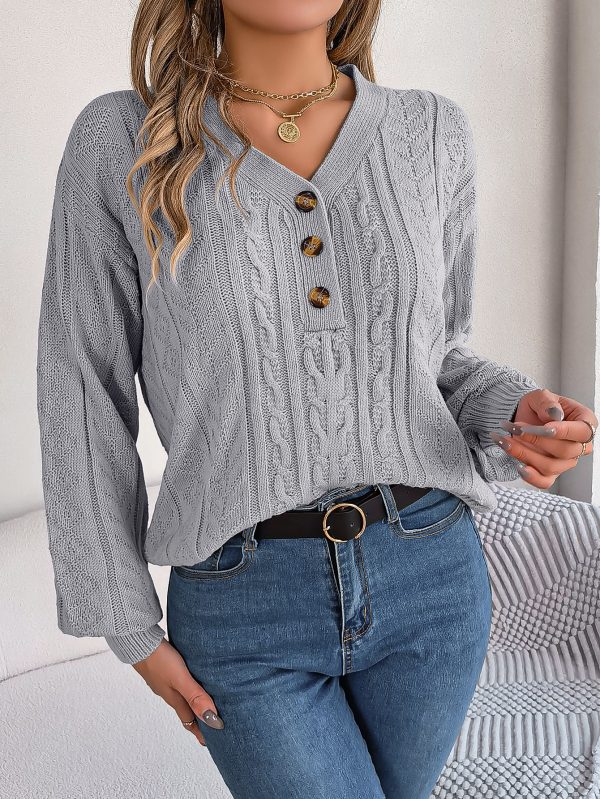 Twist V-Neck Buttons Pullover - Autumn Winter Women's Fashion