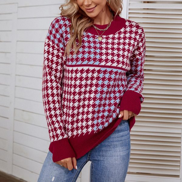 Chic Houndstooth Contrast Pullover Sweater