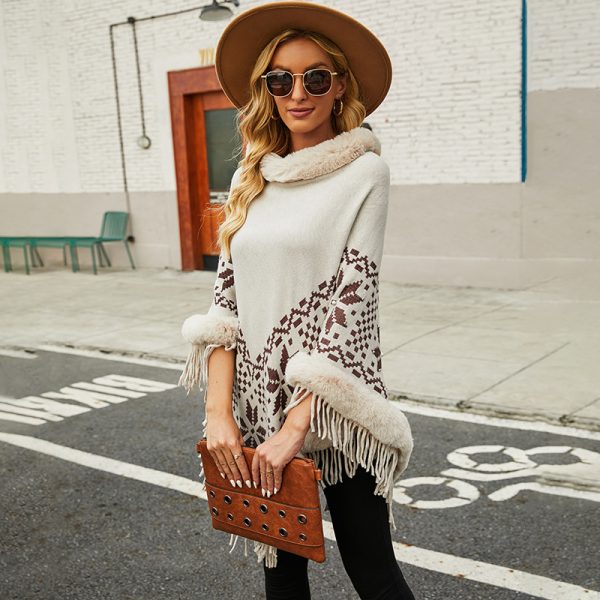 Fur Collar Beaded Tassel Hem Sweater Women