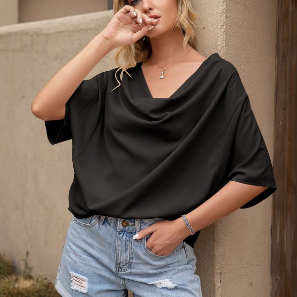 Pleated V-Neck Short Sleeve Loose Top