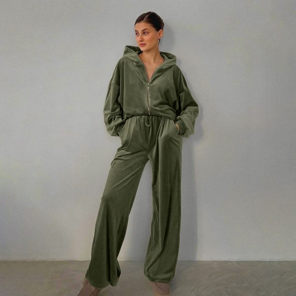 Velvet Hooded Sports Sweater and Wide Leg Pants Set