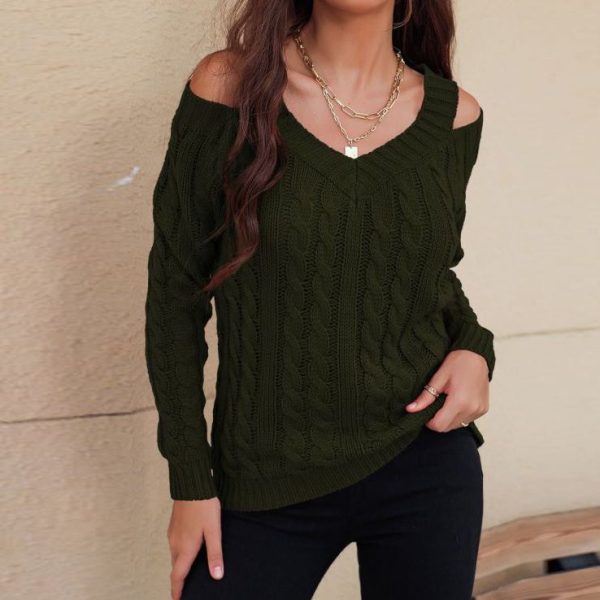 V-Neck Off-Shoulder Wood Green Sweater