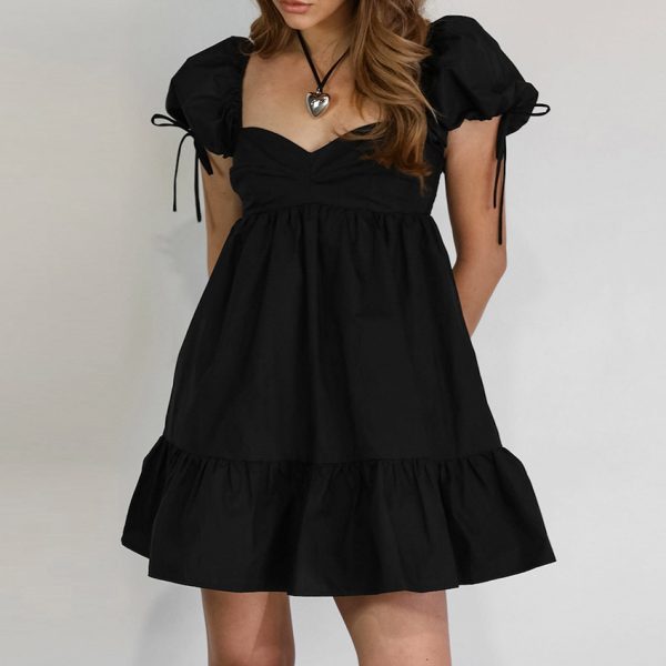 Black Square Collar Puff Sleeve Off-Shoulder Dress