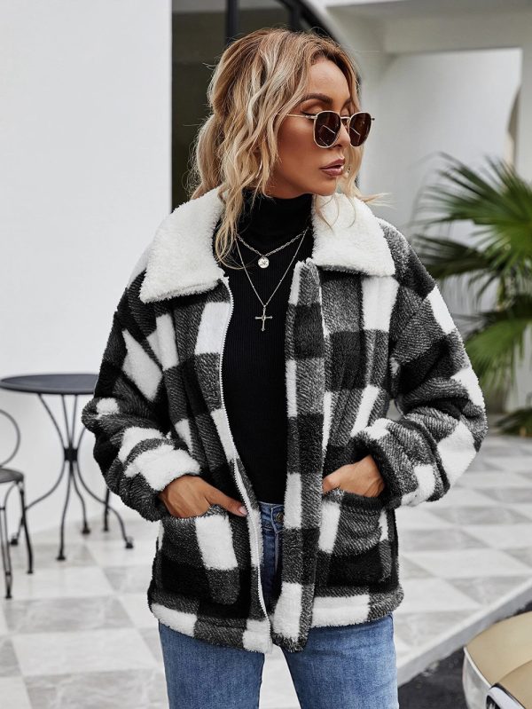 Zipper Collared Plaid Plush Coat