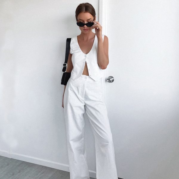 White V-Collar Slim Vest Trousers 2-Piece