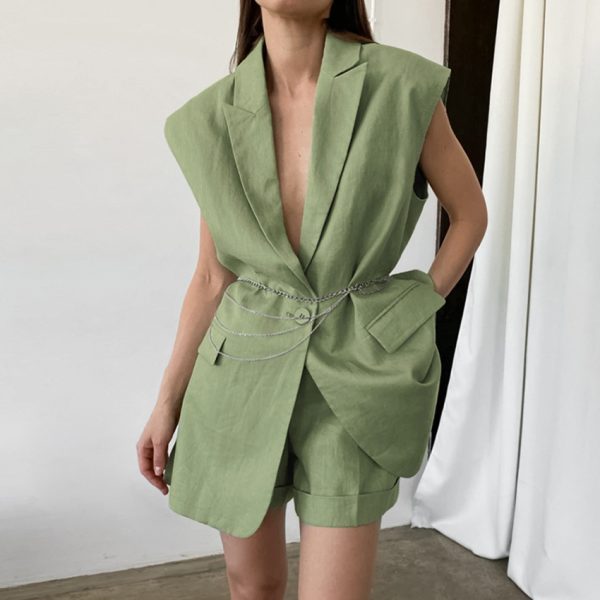 Summer Cotton Linen Sleeveless Vest and Shorts Suit