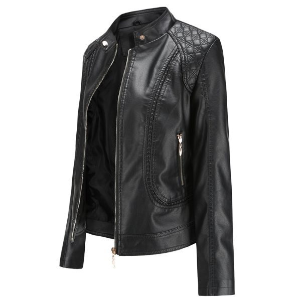 Stand Collar Faux Leather Jacket for Women