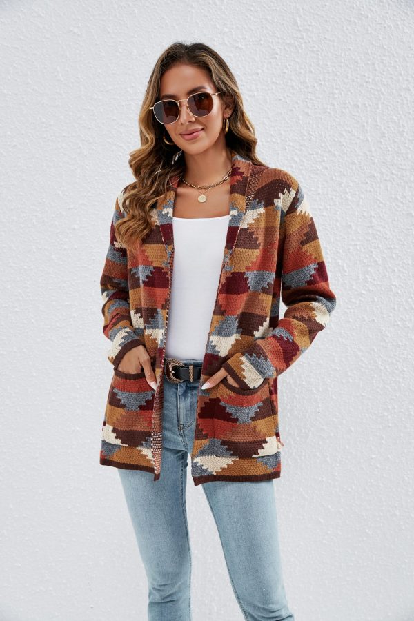 Retro Lapels Plaid Geometric Cardigan