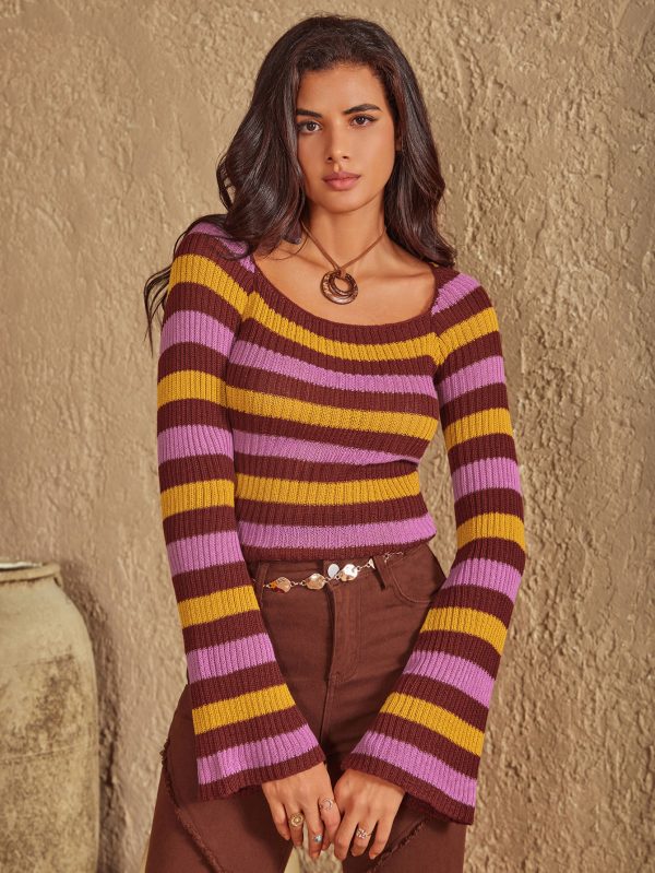 Chic Stripes: Women's Round Neck Striped Knitwear Sweater