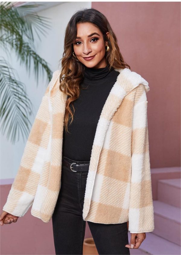 Hooded Plaid Plush Coat