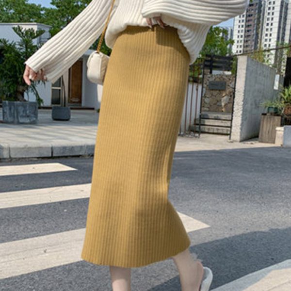 High Waist Knitted Split Hip Skirt with Sweater