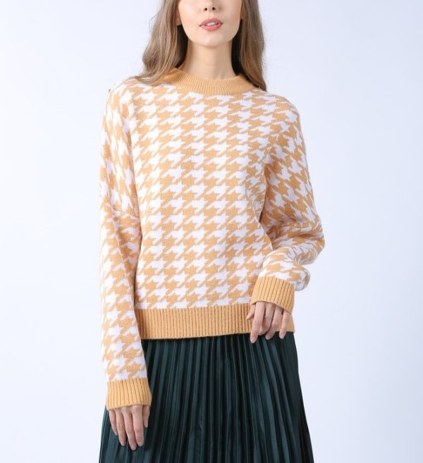 Geometric Abstract Houndstooth Knit Pullover Sweater"