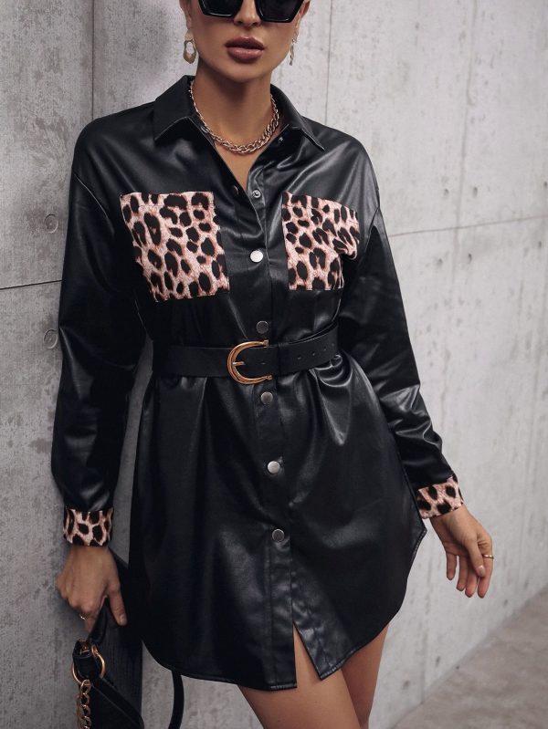 Print Splicing Mid-Length Faux Leather Trench Coat