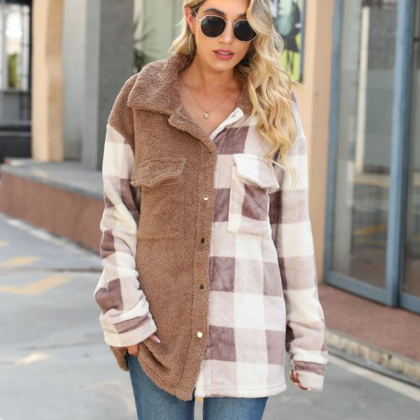 Plush Collared Coat with Long Sleeve Flannel Plaid Detailing