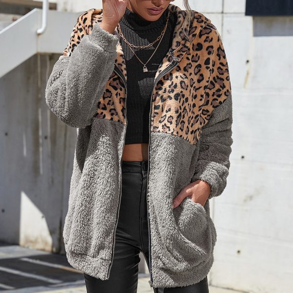 Leopard Splicing Double-Sided Fleece Hooded Cardigan