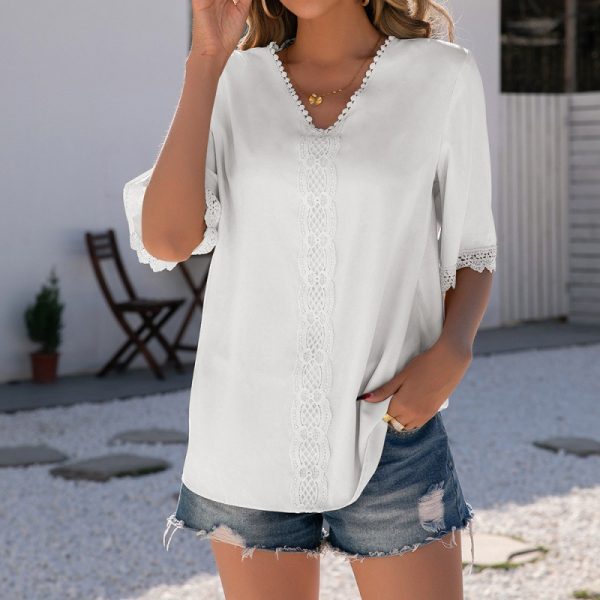 Elegant Lace V Neck Short Sleeve Shirt