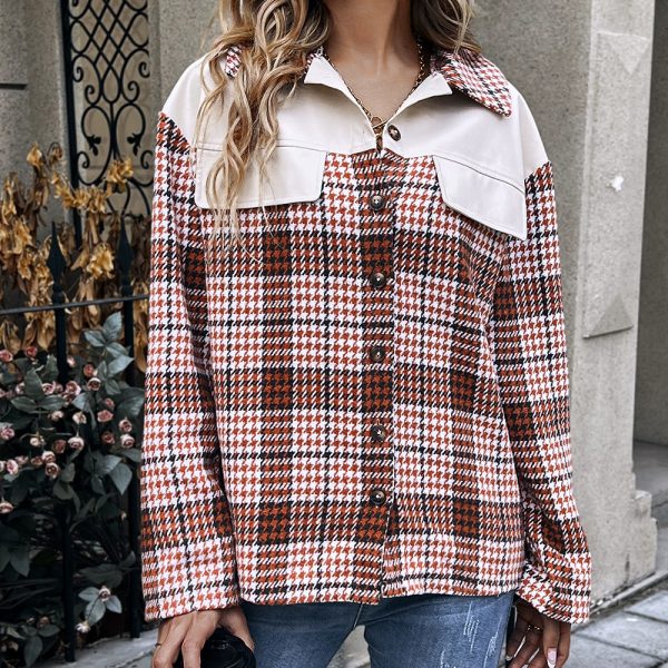 Plaid Single-Breasted Jacket Coat with Leather Stitching