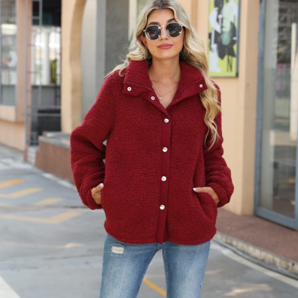 Round Neck Long Sleeve Stitching Double-Breasted Bubble Velvet Coat for Women